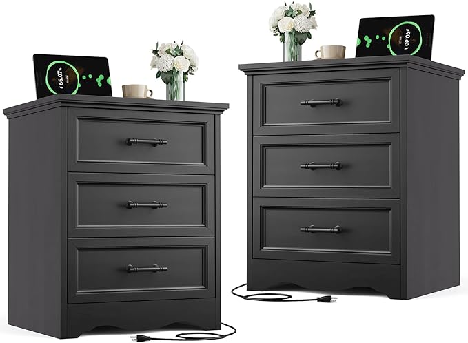 Nightstand Set of 2, Farmhouse Night Stand with Charging Station, Black Wood Bedside Table & End Table with 3 Drawers, Side Table Storage Cabinet with Metal Handles for Bedroom, Living Room