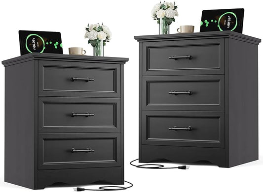 Nightstand Set of 2, Farmhouse Night Stand with Charging Station, Black Wood Bedside Table & End Table with 3 Drawers, Side Table Storage Cabinet with Metal Handles for Bedroom, Living Room
