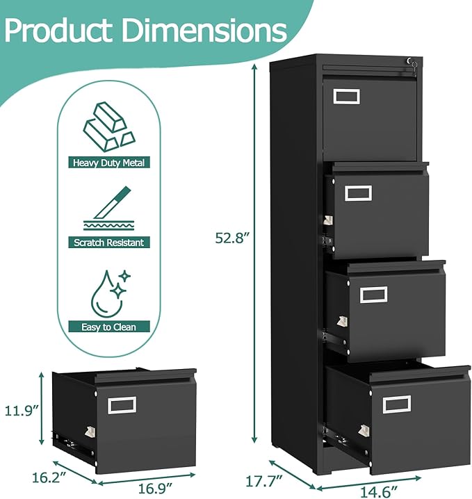 GREATMEET 4 Drawer File Cabinet with Lock, Small Metal File Cabinets for Home Office 4 Drawer, Black Vertical Filing Cabinets for Letter/Legal/A4/F4 Size File,Assembly Require