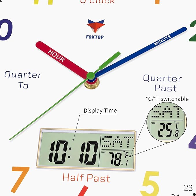 Foxtop Digital and Analog Learning Clock for Kids - Telling Time Teaching Clock 12 Inch Silent Non-Ticking Battery Operated Kids Wall Clock for Playroom Nursery Classroom School