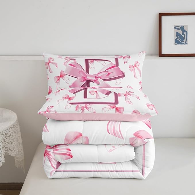 jejeloiu Kids Girls Cute Pink Bow Comforter Set King Size Monogrammed Bedding Set Ultra Soft Personalized Initial E Duvet Quilt Coquette Bow Knot Quilt Set Room Decor Modern Fashion Comforter