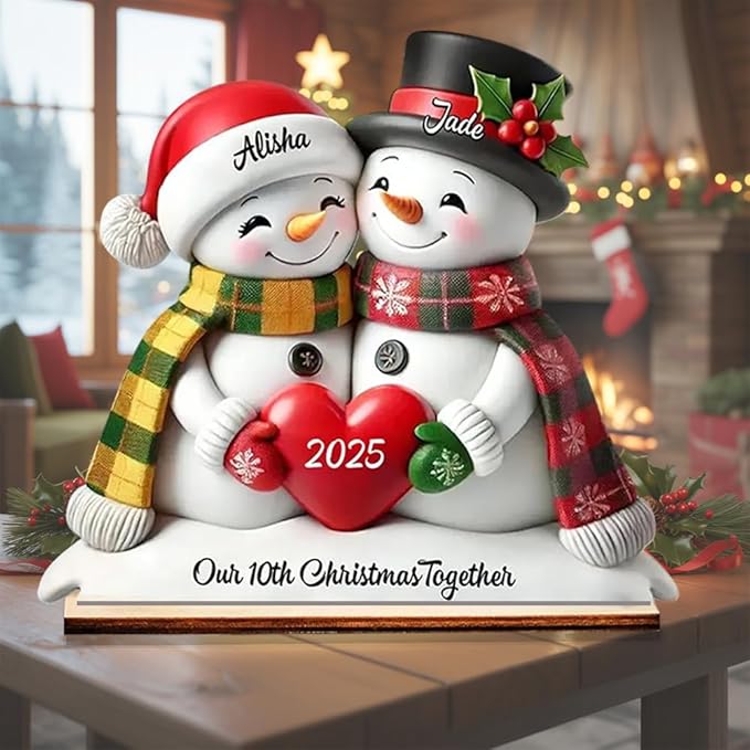 Personalized Snowman Couple Wooden Plaque,Our 10th Christmas Together, Holiday Home Decor for Wife Husband, Keepsake for Anniversary or First Christmas Together