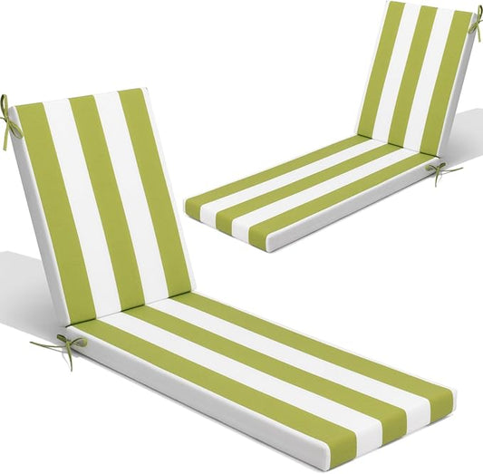 Crestlive Products Chaise Lounge Cushions Set of 2, Outdoor Cushions for Patio Furniture, Water Resistant Lounge Chair Cushion for Pool, Deck, Lawn, 72''L x 21''W, Green White Stripe