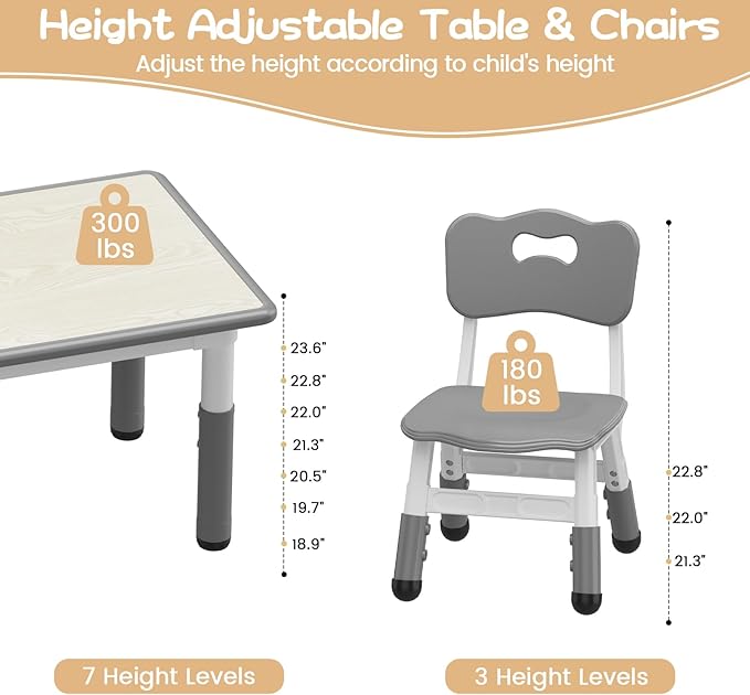 Kids Table and Chair Set, Height Adjustable Toddler Table and 4 Chairs Set for Ages 2-10, Graffiti Desktop, Non-Slip Legs, Arts & Crafts Table, Children Activity Table for Daycare Classroom Home