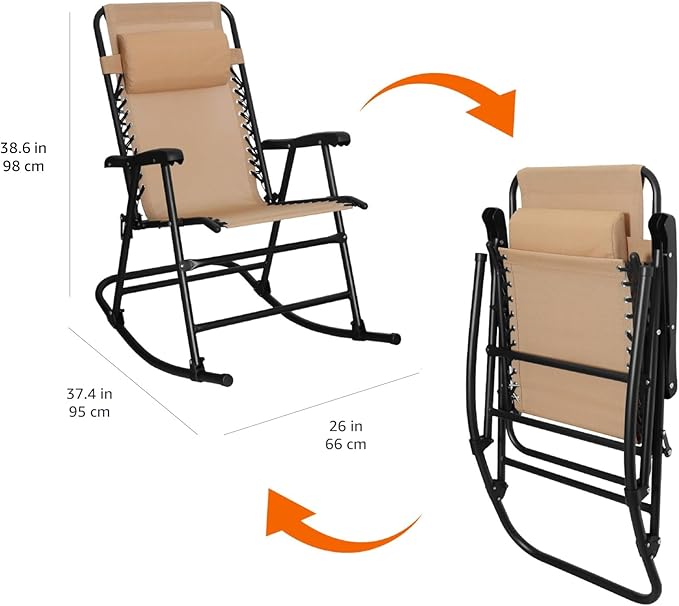 Amazon Basics Outdoor Patio Folding Reclining Lounge Rocking Chair with Pillow, Affordable Folding Chairs for Outside, Beige, 33.6 x 37.4 x 26 inch