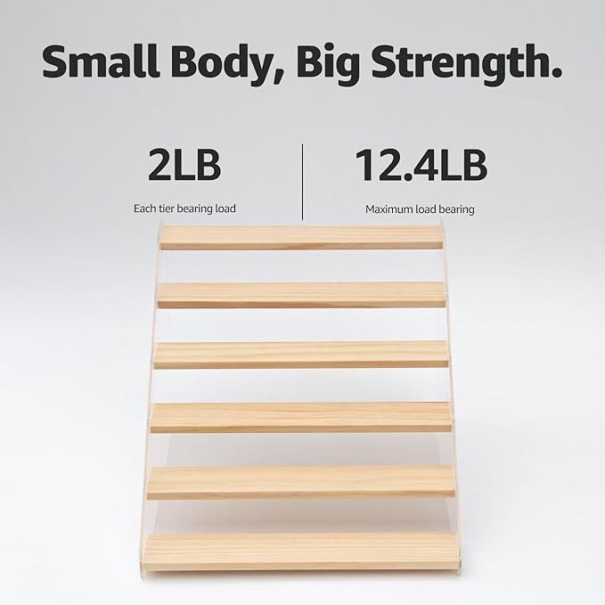 nianfeng Tiered Spice Rack, 6-Tier Spice Pantry Kitchen Cabinet Organizer, 12-Inch, Natural Wood Acrylic Stair Riser Stand, Countertop Seasoning Shelf