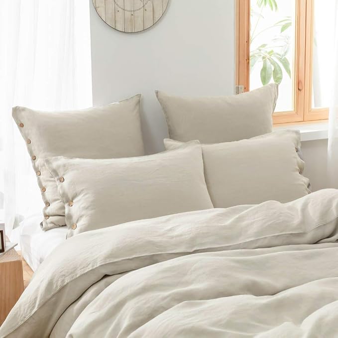 Simple&Opulence 100% Washed Linen Euro Sham Cover, 26 x 26 Inch, Decorative Bed Pillow Cover with Coconut Button, Solid Color Pillow Shams Set of 2 (Natural Linen)
