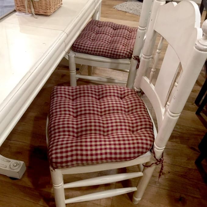 Barnett Home Decor Farmhouse Check Dark Red & Tan Dining Chair Pad with Ties - Latex Foam Fill - 100% Cotton, Made in USA - Machine Washable, Reversible (Red Tan)