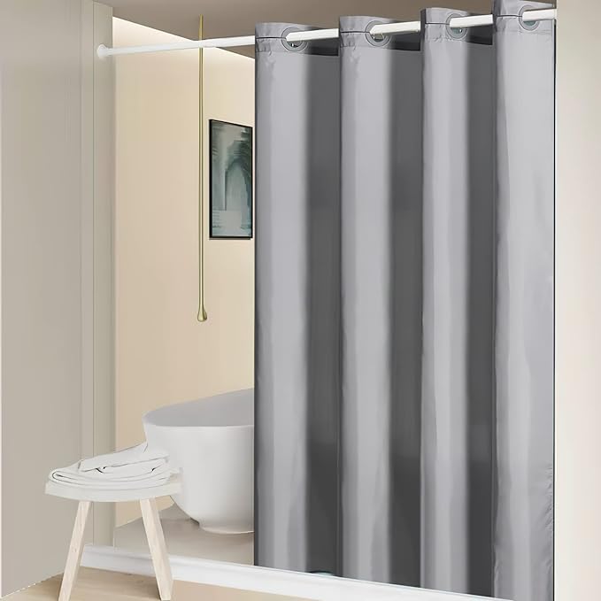 Furlinic No Hook Stall Shower Curtain Fabric,48" Wide Small Narrow Bathroom Curtain with 6 Plastic Built-in Grommets,Waterproof & Machine Washable,Hotel Style,Light Grey,48x84 Inch