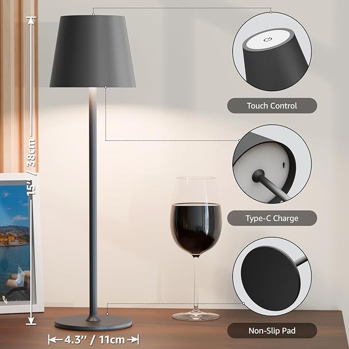 uuffoo 2 Pack Rechargeable Table Lamp Battery Operated Cordless Table Lamps with 3 Colors Stepless Dimming, Desk Night Light for Restaurant, Patio, Bedroom, Bar (Black)