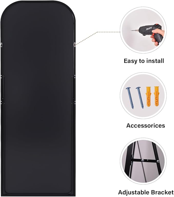 HARRITPURE 71"x26" Full Length Mirror Full Body Mirror Top Rounded Corner Aluminum Frame Hanging or Leaning Wall Floor Mirror with Stand for Living Room Bedroom Cloakroom,Black