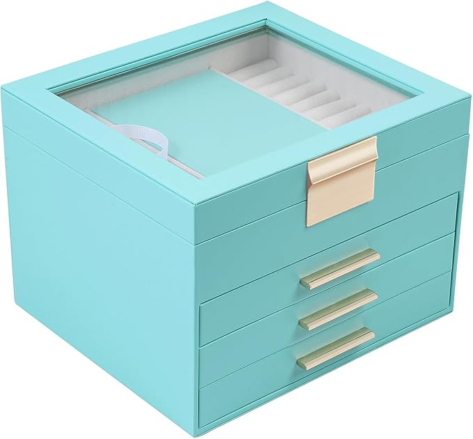 BOOVO Clear Lid Jewelry Box,4 Layers Jewelry Organizer Large Jewelry Storage Box with 3 Drawers,Jewelry Holder Organzier of Rings Earrings Necklace Bracelets for Women (Turquoise blue, 4 Layer)
