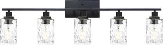 MELUCEE 5-Light Bathroom Lighting Fixtures Over Mirror, Contemporary Black Vanity Light Industrial Wall Lamp with Clear Hammered Glass Shade (Patent No.: US D963914 S)