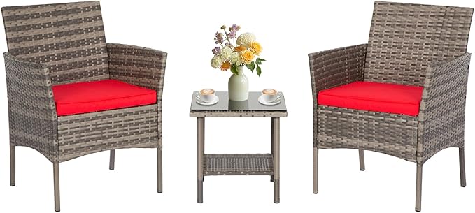 FDW 3 Piece Outdoor Furniture Set Patio Gray Wicker Chairs Furniture Bistro Conversation Set 2 Rattan Chairs with Red Cushions and Glass Coffee Table for Porch Lawn Garden Balcony Backyard