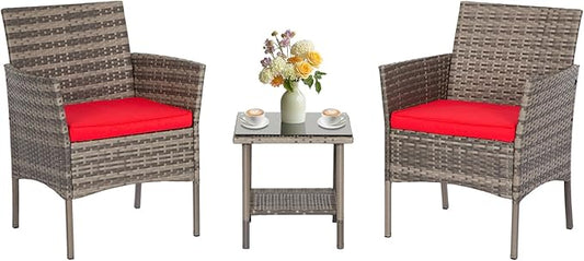 FDW 3 Piece Outdoor Furniture Set Patio Gray Wicker Chairs Furniture Bistro Conversation Set 2 Rattan Chairs with Red Cushions and Glass Coffee Table for Porch Lawn Garden Balcony Backyard