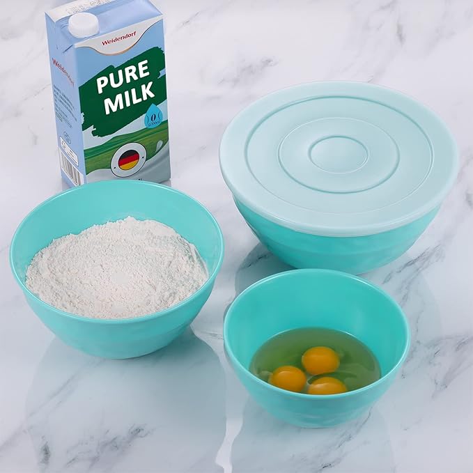 TP Mixing Bowl Set with Lids, 6-Piece Melamine Nesting Bowls Set for Pasta Baking Salad Mixing, Set of 3, Glossy Turquoise