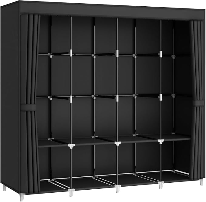 Portable Closet Wardrobe, 67-Inch Clothes Organizer with 4 Hanging Rods and 8 Shelves, Non-Woven Fabric Cover, Large Capacity Storage for Bedroom and Living Room, Black