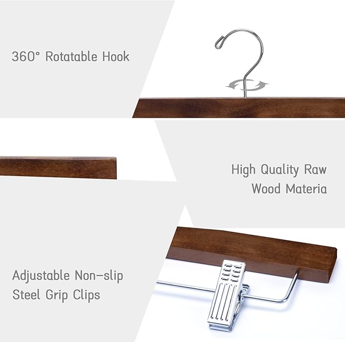 Nature Smile Wooden Pants Skirt Trousers Hangers with Clips (10Pcs Retro)