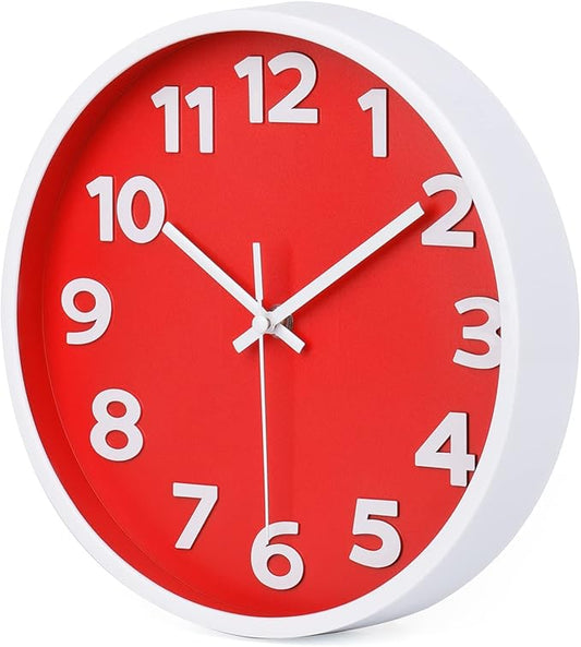 Red Wall Clock 10 Inch Silent Non-Ticking Battery Operated,Small Modern Wall Clocks Quality Quartz Analog Clock Decorative for Kitchen Home School Office, 3D Numbers Easy to Read