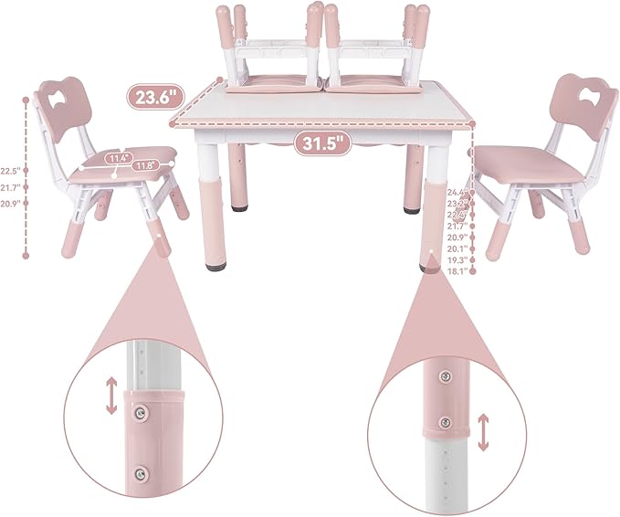 Height-Adjustable Kids Table and 4 Chairs Set, Toddler Table and Chair Set with Graffiti Desktop, 31.5''L x 23.6''W Children Activity Table for Daycare, Classroom, Home