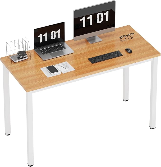 Need Computer Desk, 47 inch Home Office Desk, Modern Simple Style Home Office Gaming Desk, Basic Writing Table for Study Student, White Metal Frame, Teak