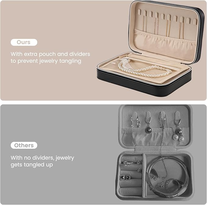 Lolalet Travel Jewelry Case for Women, Travel Jewelry Organizer Box with Mirror & Clear Storage Bag, Small Portable Traveling Earring Necklace Bracelet Ring Case, Bridesmaid Gifts -Medium, Black
