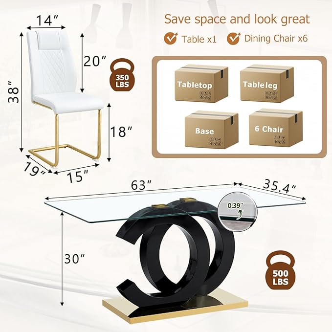 63'' Glass Dining Table Set for 6, Kitchen Table Chairs Set of 6, Clear Glass Dining Table with Black unique design Leg and Gold Metal Base, 6 PU Dining Chairs with Metal Legs, Living Room, Kitchen.