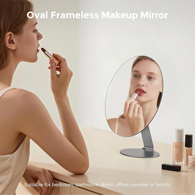 Oval Makeup Mirror for Desk, 12 Inch Frameless Metal Standing Table Top Mirror, Adjustable Angle