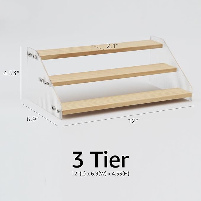 nianfeng Tiered Spice Rack, 3-Tier Spice Pantry Kitchen Cabinet Organizer, 12-Inch, Natural Wood Acrylic Stair Riser Stand, Countertop Seasoning Shelf
