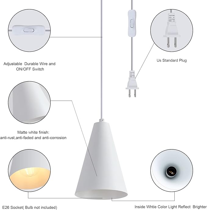 White Plug In Pendant Lights Kitchen Island,Dining Room Light Fixtures Over Table 1 Pack with Cone Metal Shade, Modern Farmhouse Mini Chandeliers with Cord On/Off Switch Hanging Lighting for Sink