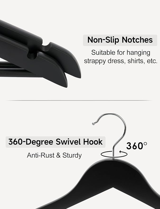 StorageWorks Black Wooden Hangers, 30 Pack Wood Hanger for Closet, Coat Hangers for Coats, Shirts, Pants, Suits