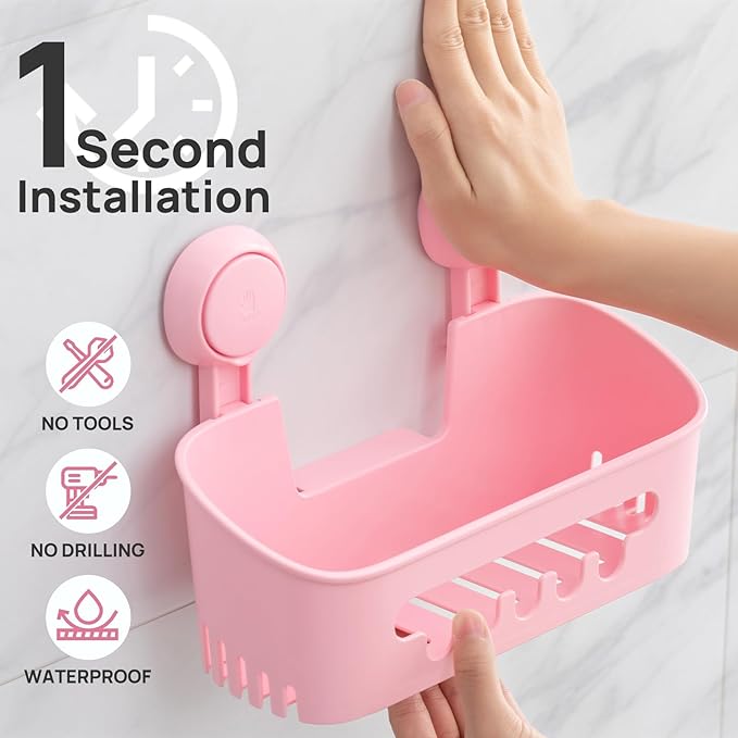 LEVERLOC Shower Caddy Suction Cup Set Shower Organizer & Soap Holder & Toothbrush Holder, Bathroom Shelf Basket NO-Drilling, Removable Suction Storage Waterproof Bathroom Caddy, Pink