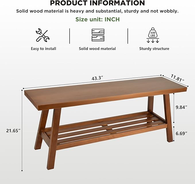 43.3" Farmhouse Solid Wood Bench, Long Rustic Storage Entryway Bench for Indoor, Bedroom,Dining Room, Living Room and Hallway