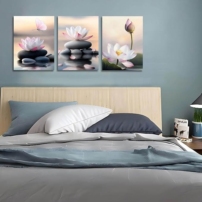 Arjun Flower Pink Lotus Wall Art Canvas Zen Stones Black Painting White Flower Pond Floral Bloosm Framed for Bathroom Spa Salon Living Room Bedroom Kitchen Home Office Wall Decor, 12"x16"x3 Panels