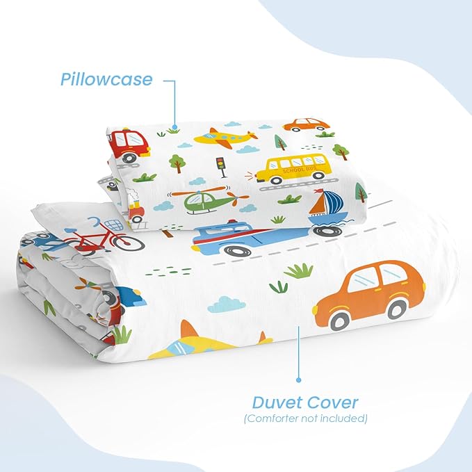 SANDJEST Transportation Duvet Cover Sets Twin Size for Kids Boys, Include 1 Polyester Comforter Cover 68x86 Inches and 1 Pillowcase 20x26 Inches, Comforter Not Included, Gift for Christmas Birthday