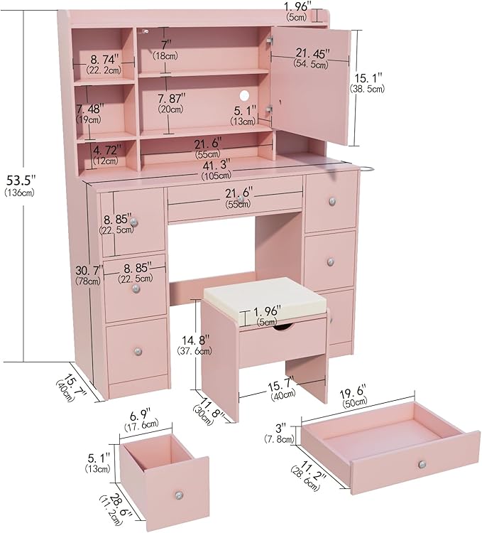 Vanity Desk with Mirror & LED Lights, Built-in Power Outlet, Dimmable LED Lighting, 7 Drawers & 7 Storage Compartments, Includes Padded Stool – Ideal Table for Bedroom Dressing Room (Pink)