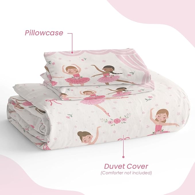 SANDJEST Ballet Duvet Cover Sets Full Size for Kids Girls, Incude 1 Polyester Comforter Cover 80x90 Inches and 2 Pillowcases 20x26 Inches, Comforter Not Included, Gift for Christmas Birthday