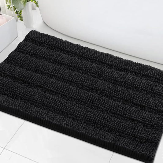 H.VERSAILTEX Bath Mats for Bathroom Non Slip Extra Thick Chenille Striped Bath Rug 24" x 36" Absorbent Non Skid Fluffy Soft Shaggy Rugs Washable Dry Fast Plush Mats for Indoor, Bath Room, Tub - Black