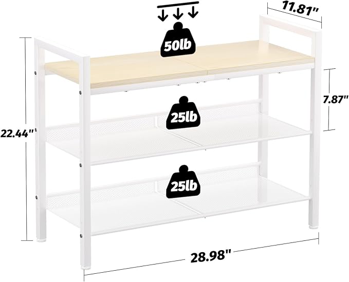 Shoe Rack for Front Door Entrance, 3 Tier Shoe Rack for Entryway, Shoe Shelf for Closet, Metal Shoe Racks Organizer with Sturdy Wooden Top & Steel Frame,(White+Beige)