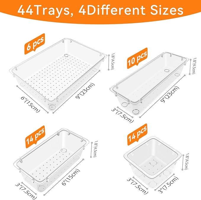 WOWBOX 44 PCS Clear Plastic Drawer Organizer Set, 5 Varied Size storage Bins and Desk Drawer Organizer Trays for Makeup, Gadgets, Jewelry and Utensils in Bathroom, Bedroom and Office, Clear