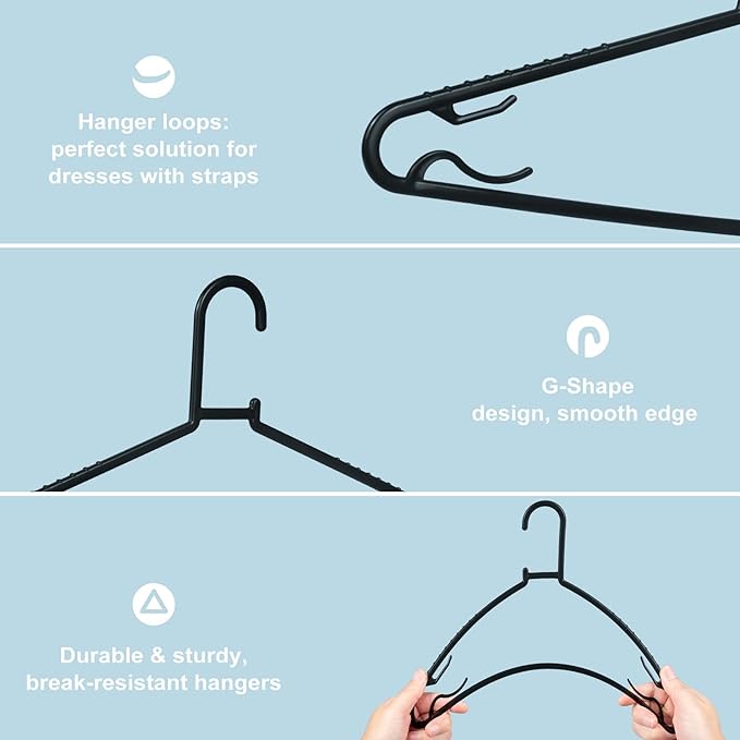 Black Plastic Hangers 50 Pack, Light Weight Durable Clothes Hangers G-Shape Standard Size Non-Slip Coat Hanger Adult Clothes Hangers for Laundry & Everyday Use -Slim & Space Saving