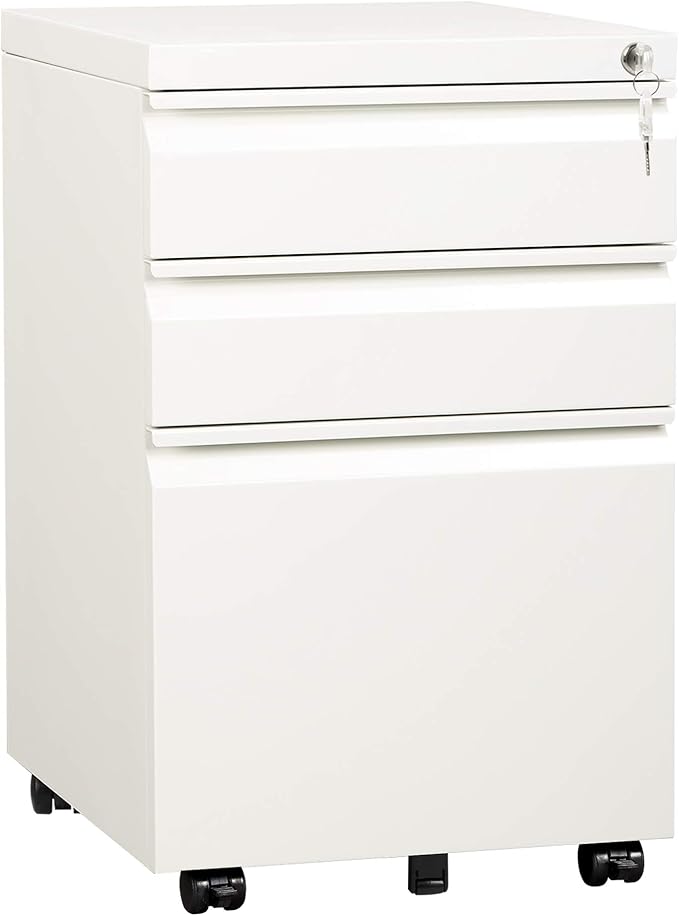 DEVAISE 3 Drawer Mobile File Cabinet with Lock, Under Desk Metal Filing Cabinet for Home Office/Legal/Letter/A4 File, Fully Assembled Except Wheels, White