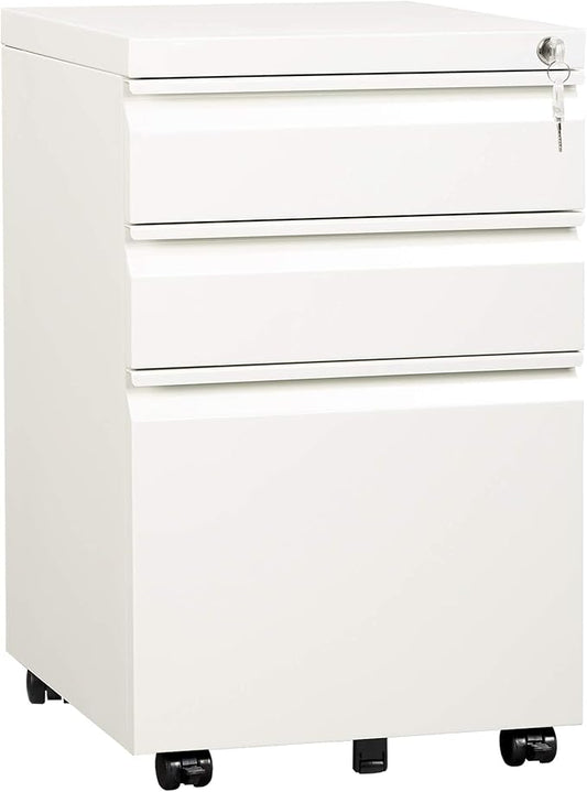 DEVAISE 3 Drawer Mobile File Cabinet with Lock, Under Desk Metal Filing Cabinet for Home Office/Legal/Letter/A4 File, Fully Assembled Except Wheels, White