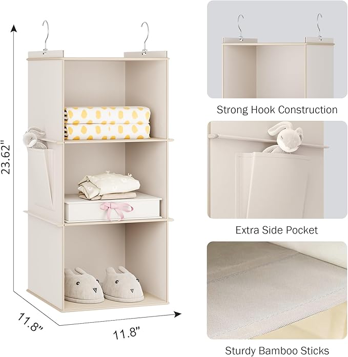 Hanging Closet Organizer, 3-Shelf Closet Hanging Storage Shelves, Beige