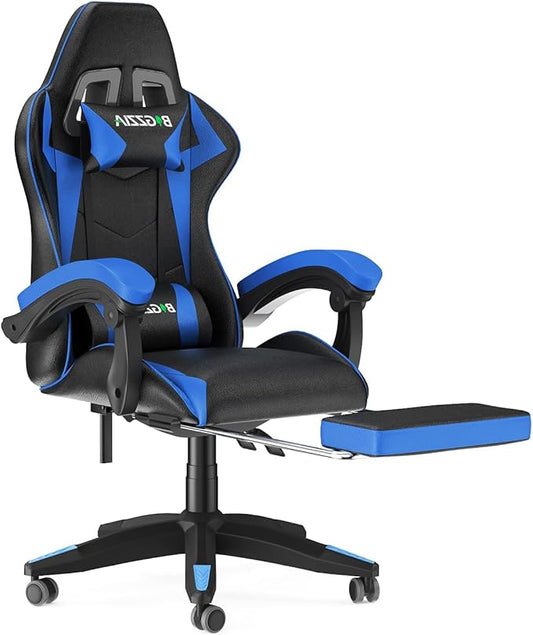 Gaming Chair with Footrest, High Back Ergonomic Computer Gamer Chair with Headrest and Lumbar Support, Racing Style Reclining Game Chair for Adults, Kids (Blue-Black)