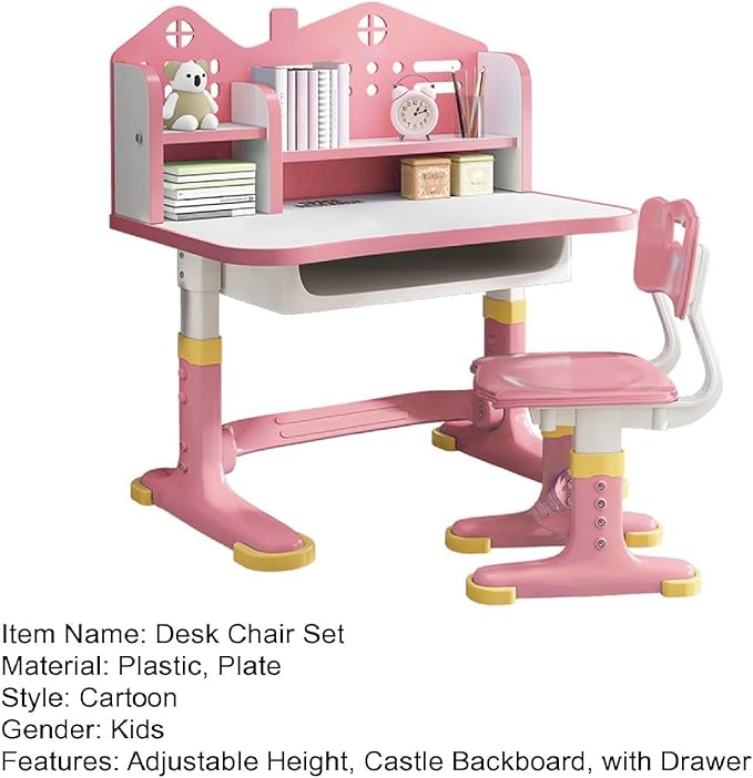 Kids Study Desk and Chair Set, Height Adjustable Kids School Desk, Cartoon Learning Desks, Kids Desk with Storage, Children Study Table with Storage, Castle Backboard, Bookshelf (Pink)