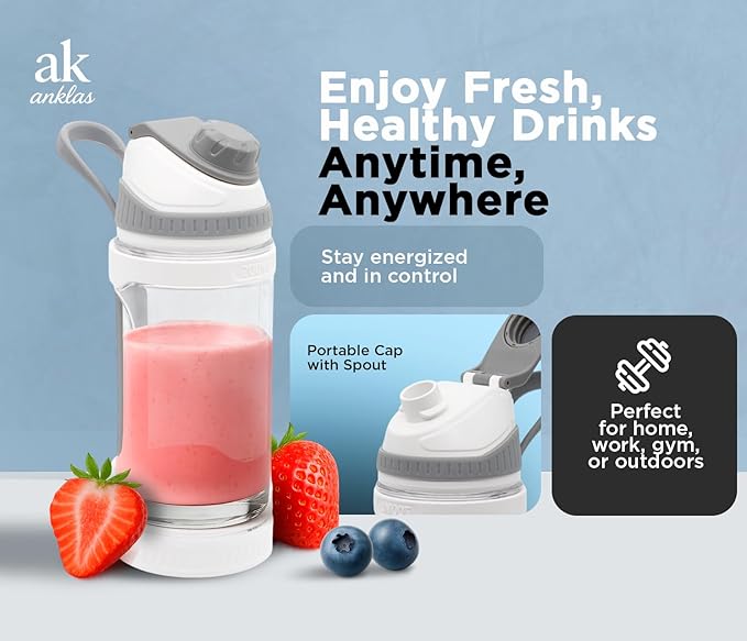 Rechargeable Smoothie Blender 700ml – Portable Mini Travel Blender for Shakes and Smoothies with Six Stainless Steel Blades and USB Charging (White and Gray)