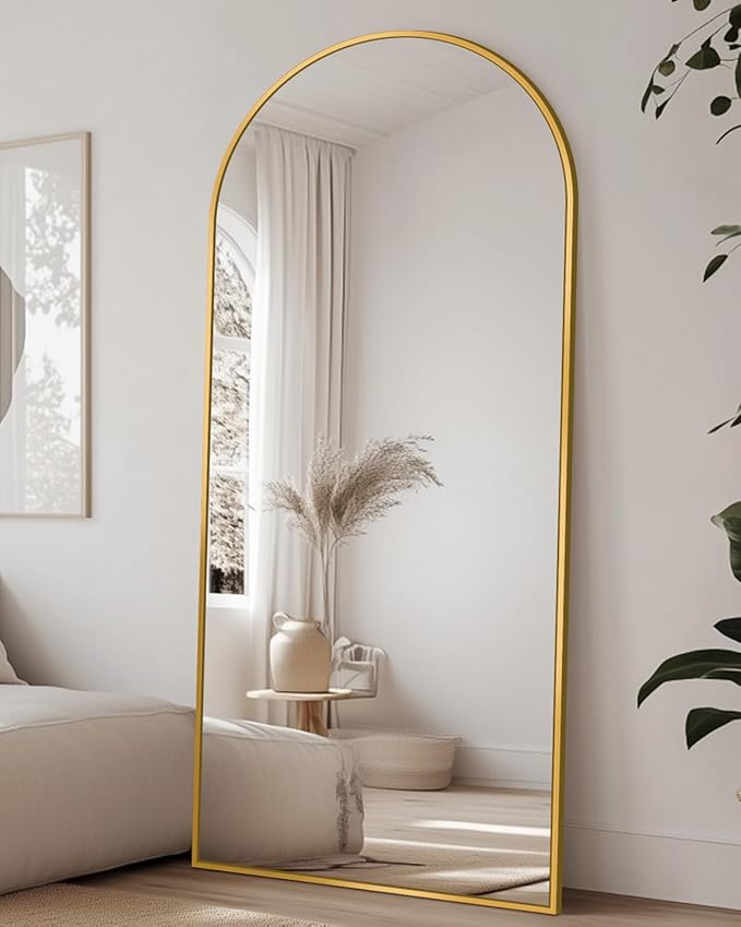Antok Full Length Mirror, 21"x58" Floor Mirror with Stand, Hanging Mounted Mirrors for Bedroom, Living Room, Cloakroom, Dining Room, Gold, Arched