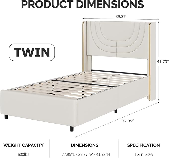 Twin Upholstered Bed Frame with LED Lights, Faux Leather Platform Bed Frame with Silver Wingback Headboard, Modern Style, No Box Spring Needed, Easy Assembly, Cream