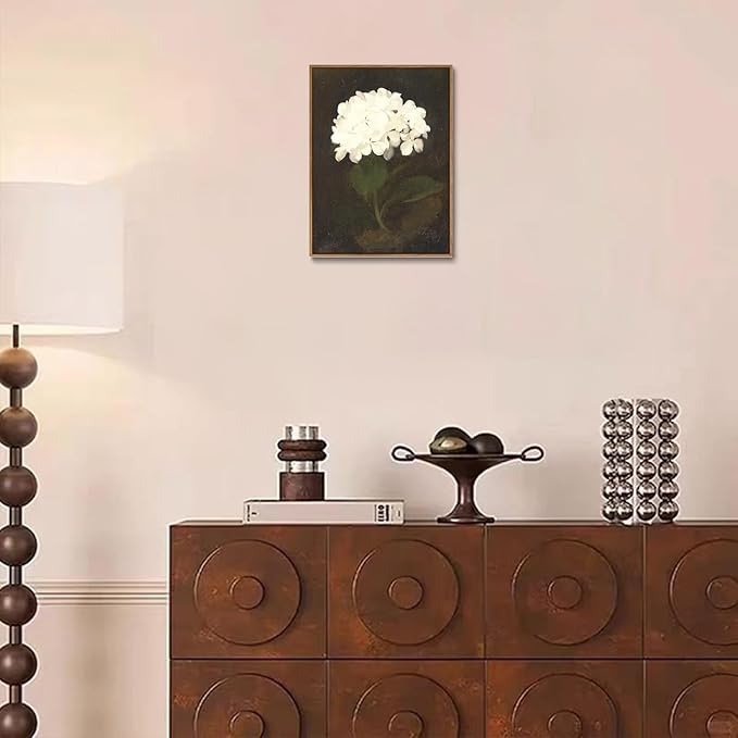 Djmwtb Vintage Framed Wall Art White Hydrangea Canvas Wall Art Minimalist Floral Art Prints Flower Botanical Painting Pictures Wall Decor Artwork for Living Room Bedroom Bathroom 8x10in